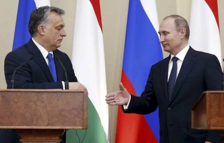 Russian President Vladimir Putin (R) and Hungarian Prime Minister Viktor Orban shake hands during a joint news conference following their talks at the Novo-Ogaryovo state residence outside Moscow, Russia, February 17, 2016. REUTERS/Maxim Shipenkov