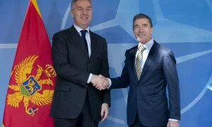NATO Secretary General Anders Fogh Rasmussen welcomes the Prime Minister of Montenegro, Milo Dukanovic